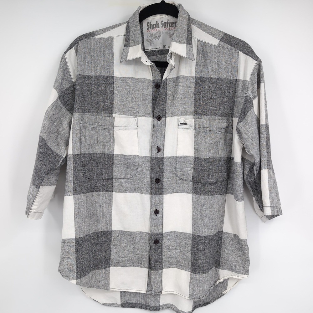 VTG Shah Safari World Wide Grey White Buffalo Plaid Cotton Button Up Shirt Small